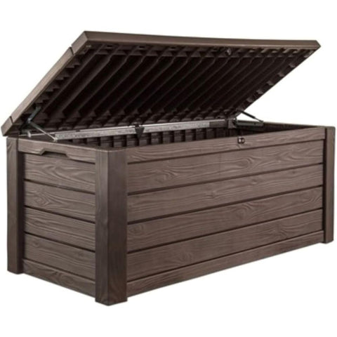 Oakestry 150-gallon Outdoor Storage Deck Box Resin Patio Bin Waterproof Container with Wood Grain Design Multipurpose Bench for Garden Yard Pool Accessories Cushion Storage, Brown