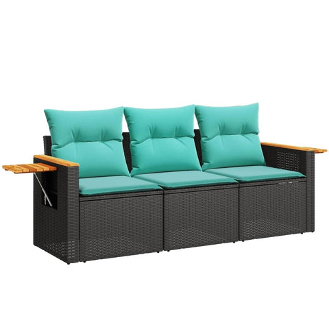 vidaXL Patio Sofa Set with Cushions - 3 Piece Black Poly Rattan Outdoor Furniture with Storage, Side Table - Modular, Weather- for Garden and Terrace, Blue Cushions
