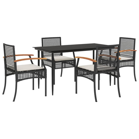 vidaXL Patio Dining Set with Cushions - Black Poly Rattan 5 Piece Garden Table and Chairs Set, Tempered Glass Tabletop, Washable Chair Cushions, Outdoor Furniture for Backyard, Deck, Patio