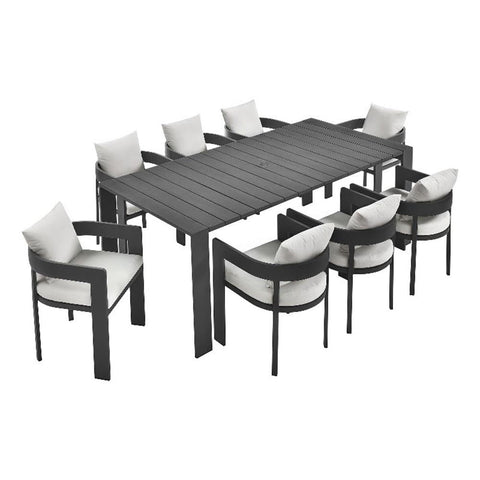 Modway Tahoe Outdoor Patio Powder-Coated Aluminum 9-Piece Dining Set in Gray White - Rectangular Patio Furniture Set for 8 - Outside Table with Umbrella Hole and Cushioned Chairs - Modern Patio Set