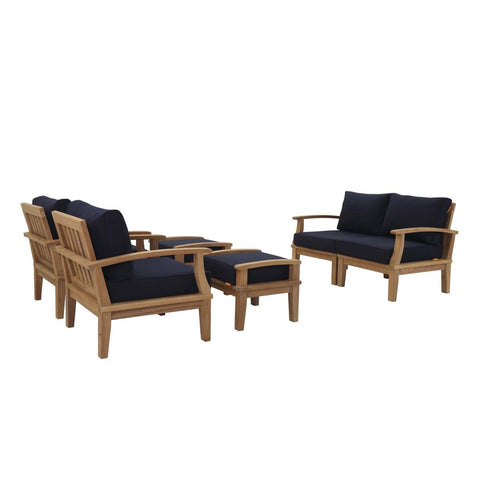 Modway EEI-1597-NAT-NAV-SET Marina Premium Grade A Teak Wood Outdoor Patio Furniture Set, 6 Piece, Natural Navy