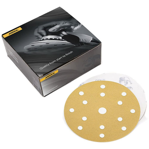 Mirka 23 Series Gold 6" Grip Disc – Durable, high-speed sanding disc with semi-open grit and special stearate coating to prevent clogging and pilling. Versatile all-round abrasive ideal for sanding putty, primer, and lacquer surfaces. Model 23-622-320.