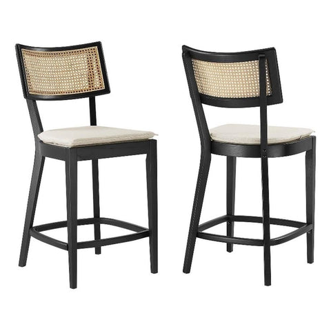 Modway Caledonia 42.5 Inch Elm Wood Counter Stools - Set of 2 in Black Beige - Padded Counter Stools with Rattan Back and Removable Cover - High Kitchen Chairs with Footrest - Armless Counter Stools