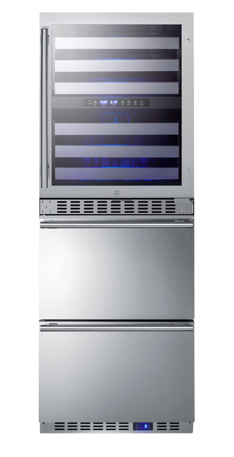 24 wide combination built-in/freestanding upright dual zone wine cellar and 2-drawer freezer panel-ready front