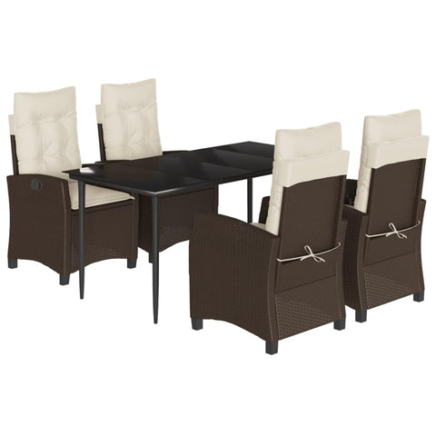vidaXL 5-Piece Patio Dining Set - Adjustable Reclining Chairs, Glass Table, Cushions - Brown Poly Rattan/Steel - Outdoor/Garden