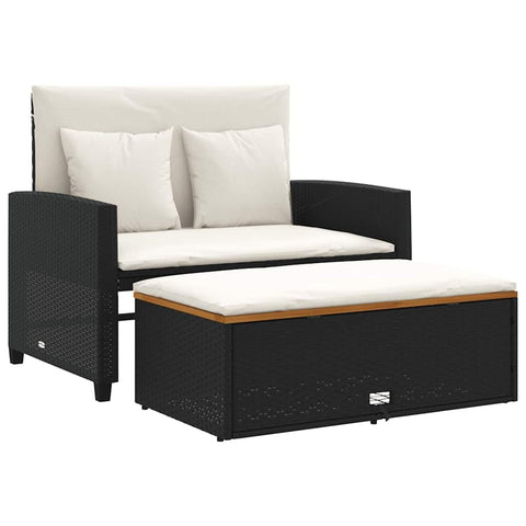 vidaXL 2 Seater Patio Sofa with Cushions Black Poly Rattan and Acacia Wood Removable Covers Adjustable Multifunctional Garden Furniture Outdoor Seating Couch Weather Loveseat for Balcony