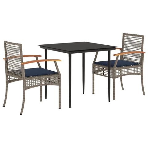 vidaXL Patio Dining Set with Cushions 3 Piece, Outdoor Dining Table and Chair, Patio Furniture for Garden Backyard, Modern Style, Gray Poly Rattan