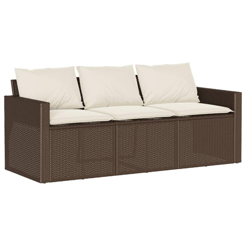 vidaXL Patio Sofa with Cushions - 3-Seater Brown Poly Rattan Outdoor Garden Furniture - 69.7" W x 27.6" D x 26.8" H - Removable and Washable Covers