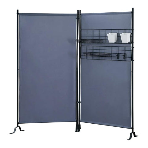 Oakestry Galaxy II 2-Panel Room Divider with Accessory Rack Indoor Outdoor Privacy Partition Folding Screen with Storage Bins Peg Hooks Wire Tray Baskets Space-Saving Partition for Home Office, Gray