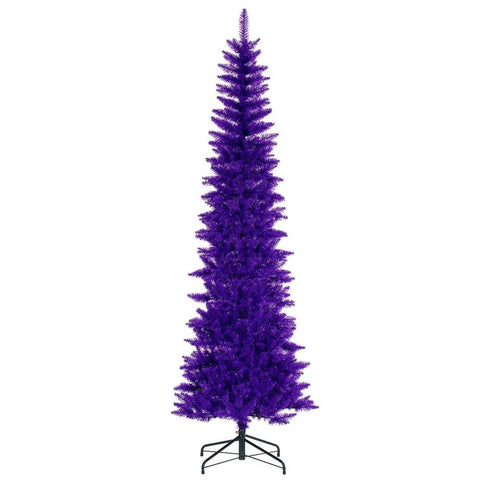 Vickerman 6.5' x 28" Purple Pencil Artificial Unlit Christmas Tree. It Measures 78 inches Tall, and 28 inches Wide, which is considered a Pencil Profile.