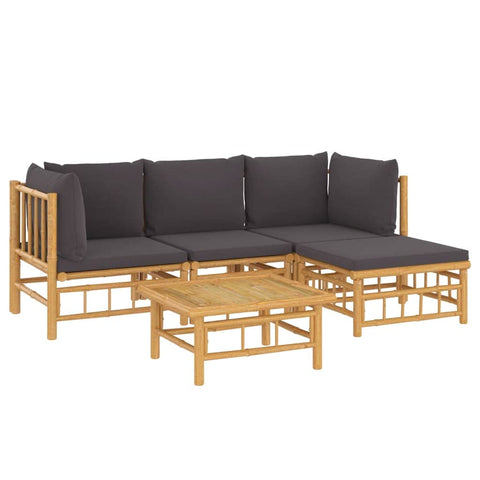 vidaXL Bamboo Patio Lounge Set- 5 Piece Outdoor Relaxation Furniture with Comfortable Dark Gray Cushions, Sturdy Table and Flexible Modular Design