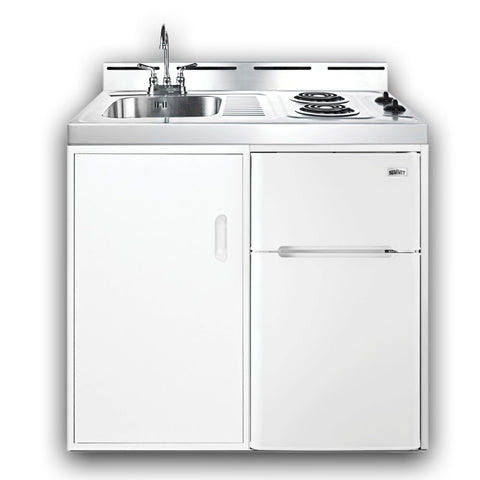 Summit 39" Wide All-In-One Kitchenette, 2-Door Refrigerator-Freezer, 2-Burner Cooktop, Sink, and Storage, White- C39EL