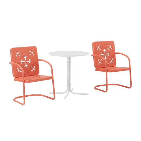 Crosley Furniture Azalea 3-Piece Vintage Outdoor Bistro Set, Retro Metal Patio Table and Chairs, Porch, Balcony, Coral Gloss/White Satin
