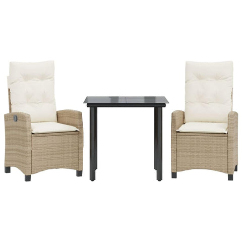 vidaXL 3 Piece Patio Dining Set - Beige Poly Rattan with Cushions, Adjustable Reclining Chairs with Tempered Glass Tabletop for Garden/Backyard/Outdoor Use