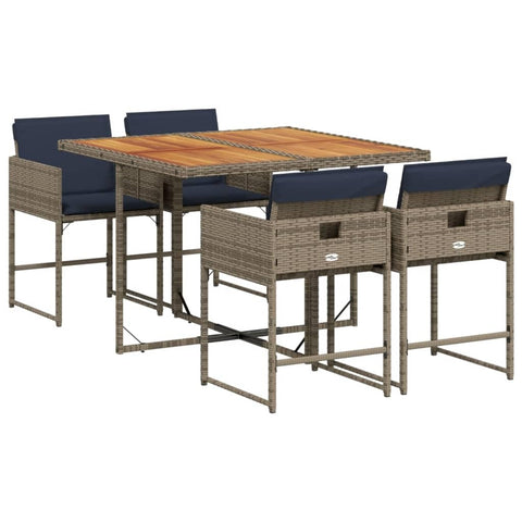 vidaXL 5-Piece Patio Dining Set - Poly Rattan, Gray - Foldable Chairs, Cushions, Compact Storage, Acacia Wood Table for Outdoors