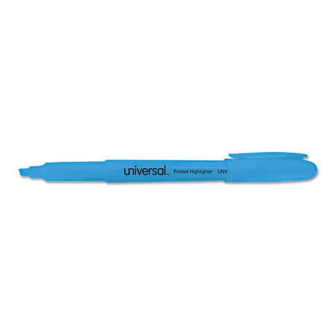 Universal Pocket Highlighters, Fluorescent Blue Ink, Chisel Tip, Blue Barrel, Dozen