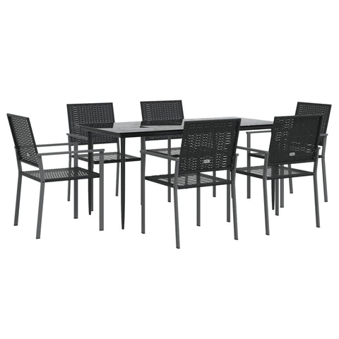 vidaXL Outdoor Dining Set 7 Piece- Patio Poly Rattan and Steel Frame Table, 6 Chairs with Armrest, Black