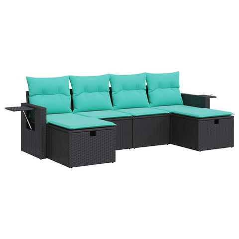vidaXL 6 piece Patio Sofa Set with Cushions Black Poly Rattan Outdoor Garden Furniture - Storage Seating Terrace Lounge