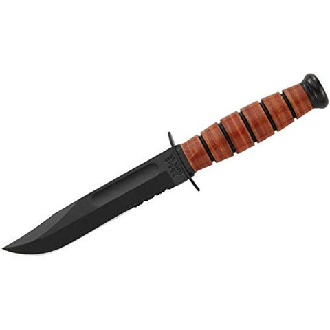 Ka-Bar USA Serrated Knife, Short Brown Leather/Black
