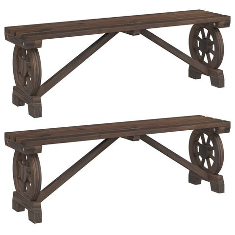 vidaXL Solid Fir Wood Patio Benches - Wagon Wheel Design, Outdoor Seating for Garden/Terrace, 45.3""x11""x15.6"", Burnt Wood Finish, 2-Pack, Dark Brown, 3207136