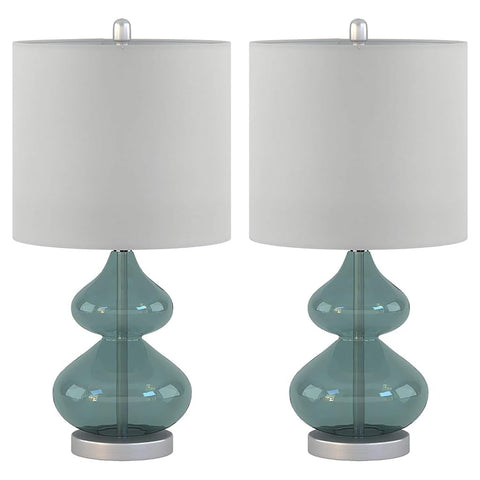 Oakestry 2 Pc 5DS153-0018 Ellipse Desk Lamp Modern Luxe Design Metal Silver Base Fabric Drum Shade for Living Room Office Desk Kids Reading Working, Blue