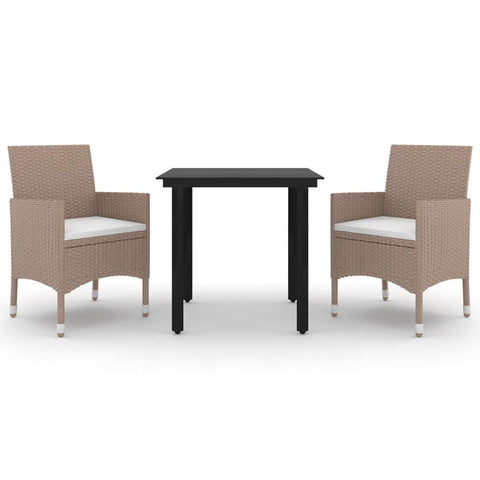 vidaXL 3 Piece Patio Dining Set - Weather- & Waterproof PE Rattan Furniture - Includes Glass Table and 2 Chairs with Cream White Cushions for Outdoor Leisure