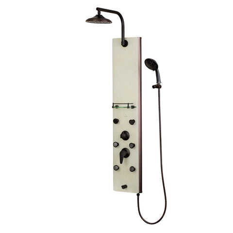 Pulse 1040 Barcelona ShowerSpa 8" Rain Showerhead, 6 Body Spray Jets, 5-Function Hand Shower, Shelf, Tub Spout, White Glass Panel with Oil-Rubbed Bronze Fixtures