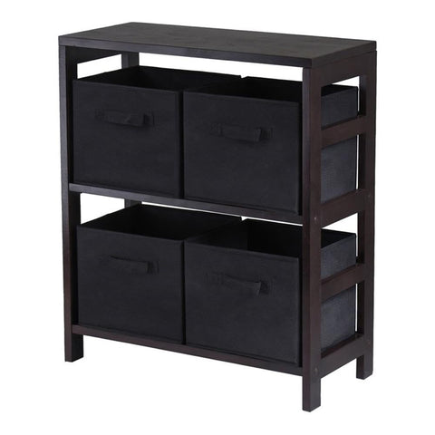 Winsome Wood Capri Wood 2 Section Storage Shelf with 4 Black Fabric Foldable Baskets