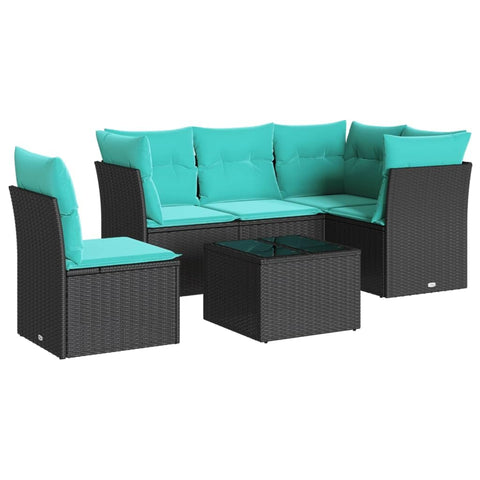 vidaXL Patio Sofa Set with Cushions 6 Piece, Sectional Sofa with Glass Table, Outdoor Conversation Set, Modern Style, Black Poly Rattan