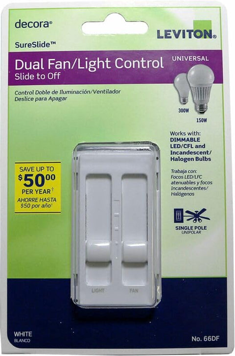 Leviton 3001337 Decora Sureslide Fan & LED Dimmer Slide Switch, White