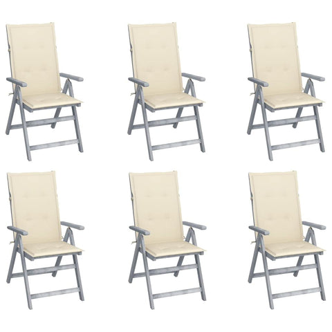 vidaXL Patio Reclining Chairs Set - Solid Acacia Wood Construction - Stylish Gray Outdoor Furniture with Cream Cushions - Weather-Resistant, Adjustable and Comfortable Outdoor Armchairs, Set of 6
