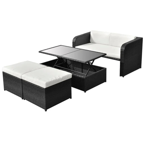 vidaXL 4 Piece Patio Furniture Set - Black Poly Rattan Garden Conversation Set with Lift-up Coffee Table and Cushions