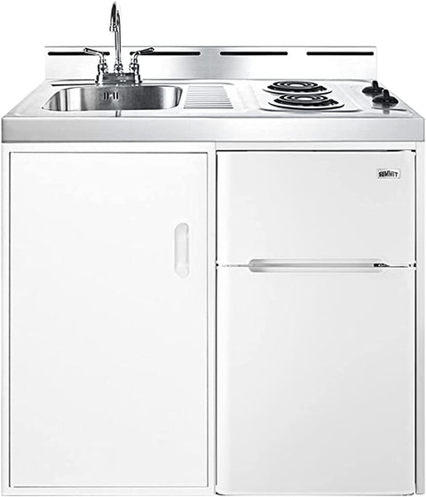 39 inch wide Combination Kitchen with two smoothtop burners, manual defrost refrigerator-freezer, sink, and storage compartment