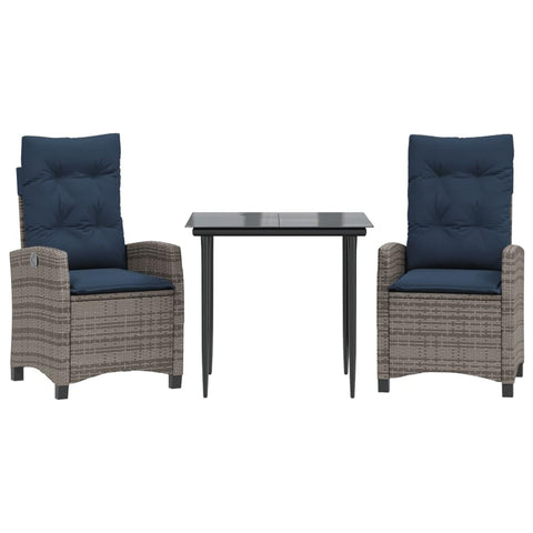 vidaXL 3-Piece Patio Dining Set - Gray Poly Rattan with Navy Cushions and Glass Top - Adjustable Backrest - for Outdoor/Garden