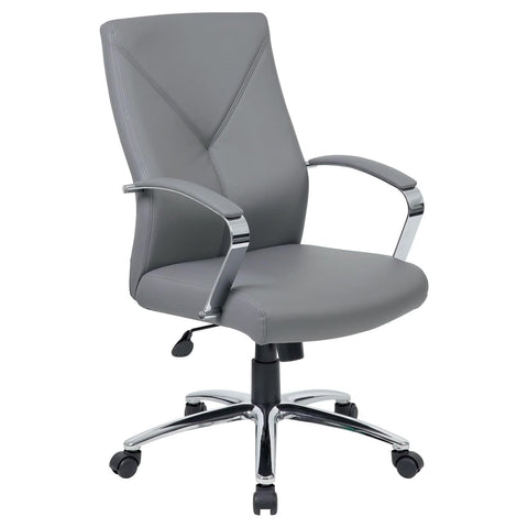 Oakestry Grey Leatherplus Executive Chair Ergonomic High Back Swivel Office Seating Adjustable Height Cushioned Support Chrome Arms Padded Armrests Professional Desk Chair Durable Structure