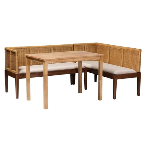 bali & pari Tabanan Brown Rattan and Brown Acacia Wood 3-Piece Dining Nook Set
