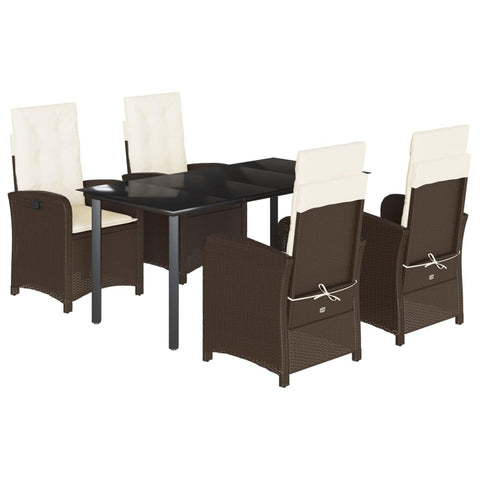vidaXL 5 Piece Patio Dining Set w/Cushions - Brown Poly Rattan, Tempered Glass Table, Adjustable Reclining Garden Chairs for Outdoor, Backyard, Garden