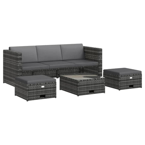 vidaXL 4-Piece Outdoor Lounge Set with Storage Function, Gray Poly Rattan Sofa Set with Removable Cushions and Tempered Glass Tabletop, Easy to Clean
