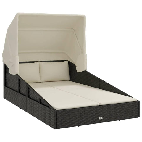 vidaXL Durable Sunbed with Foldable Roof in Black - Weather- Poly Rattan Lounge Bed with Adjustable, Easy to Clean Cushions for Pool, Garden, Patio