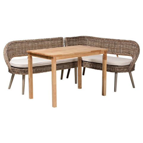 Baxton Studio Raisa Gray Seagrass Bench and Wood Table 3-Piece Dining Nook Set