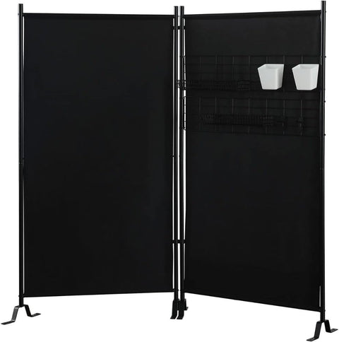Oakestry Galaxy II 2-Panel Room Divider with Storage Rack Privacy Screen Folding Partition with Wire Nets Plastic Bins Peg Hooks Wire Tray Baskets Space-Saving Organizer for Home Office, Black
