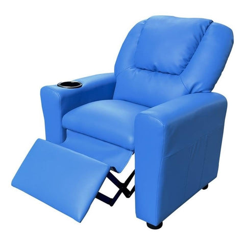 Lilola Home Marisa 23" W Blue PU Leather Kids Recliner Chair – Youth-Sized Armchair with Cup Holder, Black Plastic Legs, and Water-Resistant Upholstery for Ages 1–5