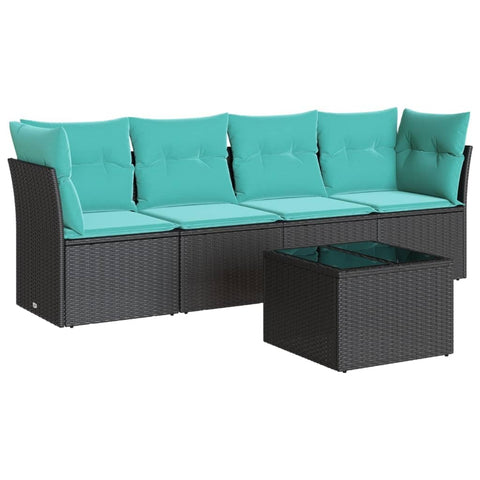 vidaXL Patio Sofa Set with Cushions 5 Piece, Sectional Sofa with Glass Table, Outdoor Conversation Set, Modern Style, Black Poly Rattan
