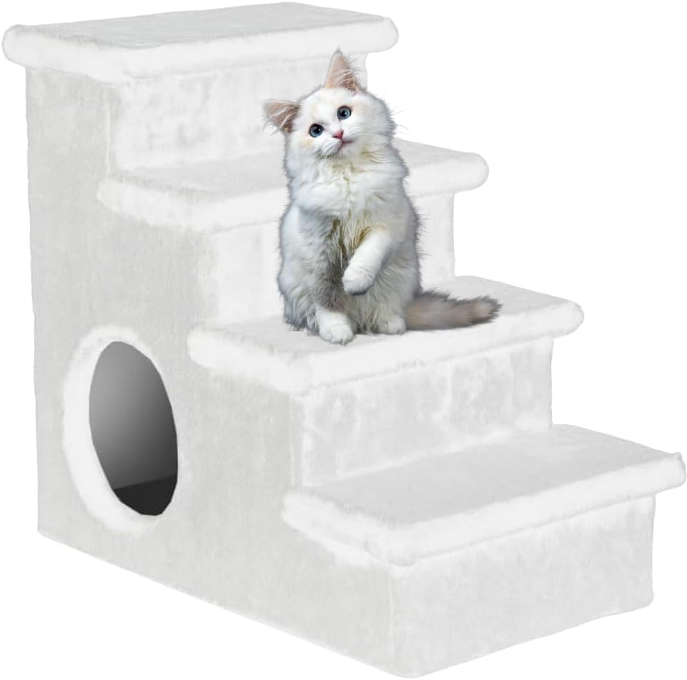 24 Inch X 22 Inch Stairs Hideout 4 Step Non Slip Pet Stairs for Cats Perfect High Beds & Couch & Window Sill Non-Slip Bottom, (White)