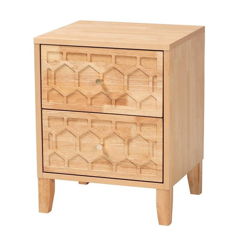 Baxton Studio Hosea Japandi Carved Honeycomb Natural 2-Drawer Nightstand
