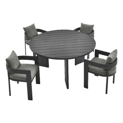 Modway Tahoe Outdoor Patio Powder-Coated Aluminum 5-Piece Dining Set in Gray Gray - Round Patio Furniture Set for 4 - Outside Table with Umbrella Hole and Cushioned Chairs - Modern Patio Set