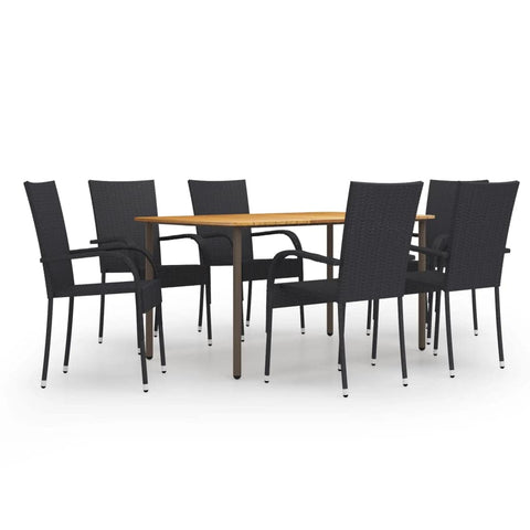 vidaXL 7-Piece Patio Dining Set â€“ Poly Rattan Black â€“ Outdoor Farmhouse Style â€“ Solid Acacia Wood Table with Powder-Coated Steel Frame â€“ Stackable Dining Chairs for Easy Storage