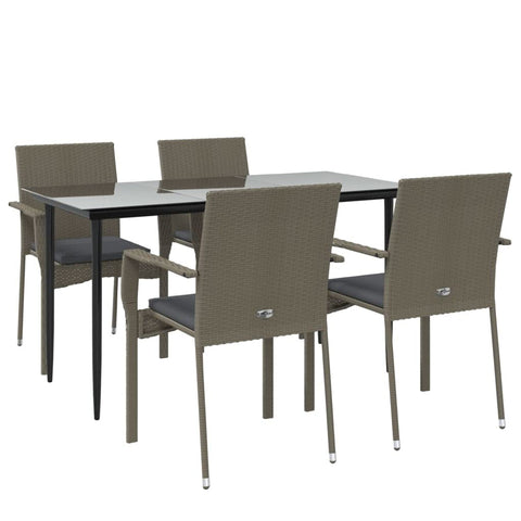 vidaXL 5-Piece Outdoor Patio Dining Set- Black and Gray Poly Rattan with Weather-Resistant Material, Powder-Coated Steel Frames, Tempered Glass Tabletop, 3185127