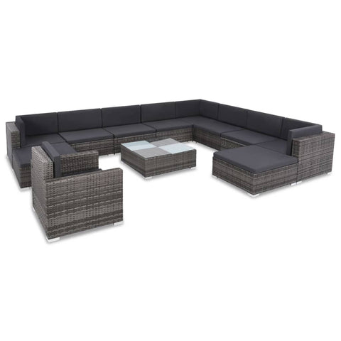 vidaXL 12-Piece Patio Lounge Set - Gray Poly Rattan - Includes Sofas, Table, Armchair, Footstools, Back Pillows and Seat Cushions - Ideal for Outdoor Use