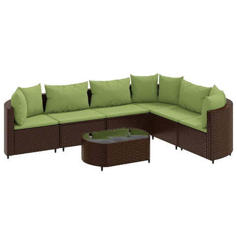 vidaXL 7 Piece Patio Sofa Set with Cushions â€“ Brown Poly Rattan Outdoor Furniture Lounge â€“ Weather-Resistant, Modular Design, Steel Frame, Green Cushions, Glass Tabletop
